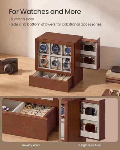 Vista 3 de SONGMICS Caja de reloj, vitrina vertical de 6 ranuras, chapa de madera Marrón café