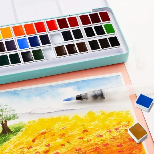 Vista 3 de Juego de acuarelas MeiLiang, 36 colores vívidos en caja de bolsillo con anillo de metal y pincel de acuarela, perfecto para estudiantes