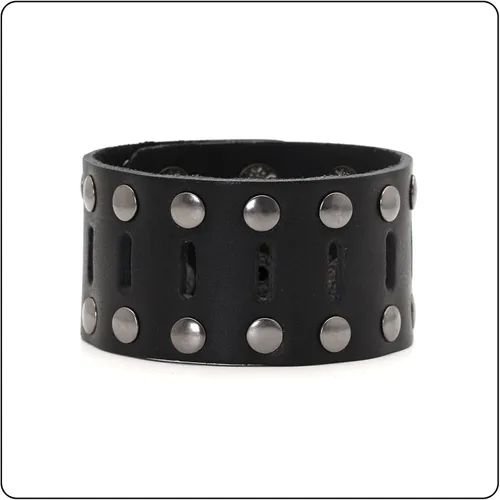 Vista 7 de Pulsera de cuero ancho hueco de doble fila de remaches punk rock