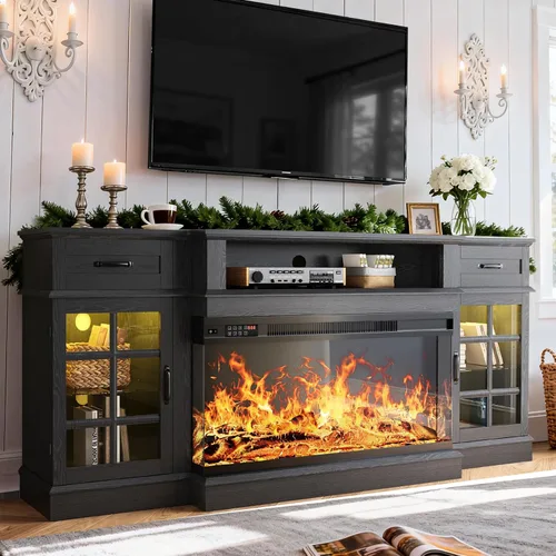 Vista 9 de MXV Soporte de TV con chimenea de 70 pulgadas, chimenea de vidrio de 3 lados y centro de entretenimiento moderno, consola multimedia de madera