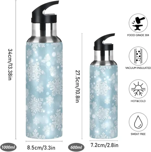 Vista 2 de Botella de agua aislada con copos de nieve blancos plateados de 32 onzas, botella de agua deportiva sin BPA aislada a prueba de fugas