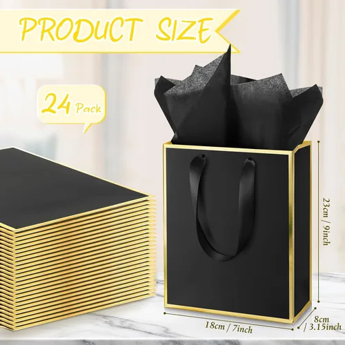 Vista 2 de Yeaqee Paquete de 24 bolsas de regalo de papel metálico con asa y tejido de 9 x 7 x 3.1 pulgadas, papel de aluminio dorado, bolsas de agradecimiento