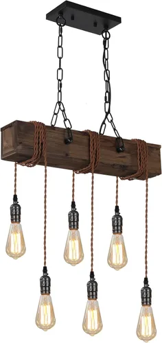 Vista 9 de KEESFU 4 luces colgantes de granja para isla de cocina, luz colgante de techo de madera rústica, altura ajustable, lámpara de comedor para isla
