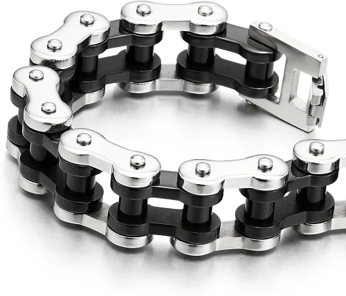 Vista 4 de Pulsera de cadena de motocicleta resistente para hombre, de acero inoxidable, color plateado, pulido