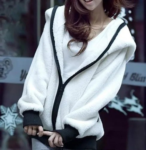 Vista 2 de Fronage Sudadera con capucha de panda para mujer, forro polar mullido, linda camiseta con cremallera y orejas
