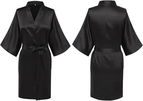 Vista 5 de Bata de satén para mujer, corta, sedosa, para dama de honor, novia, despedida de soltera, ropa para dormir