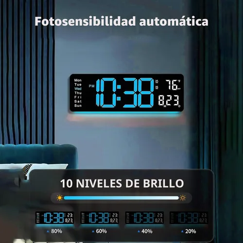 Vista 4 de Reloj de pared digital LED grande de 16.5 pulgadas con brillo automático, retroiluminación RGB, alarma doble, pantalla de temperatura y humedad