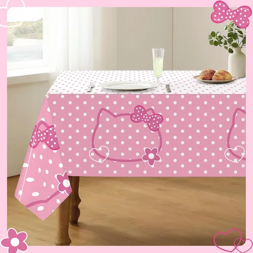 Vista 2 de 3 piezas de mantel de fiesta con lazos rosas de gatitos, lindo mantel de gatitos con puntos, rectangular desechable de 54×108 pulgadas, blanco