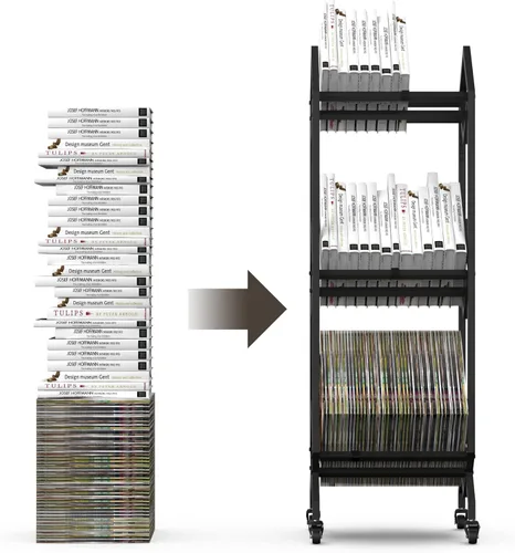 Vista 7 de VENNQD Estantería de metal industrial para libros, soporte de 3 niveles con ruedas, diseño moderno y elegante, revistas, archivos, álbum de recetas