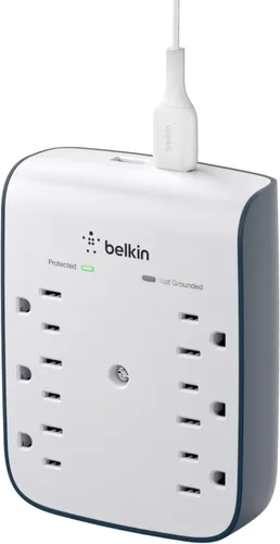 Vista 8 de Belkin - Protector de sobrecargas con montaje en pared, 3 tomas de corriente alterna, 2 puertos USB, divisor de enchufe giratorio plano, extensión