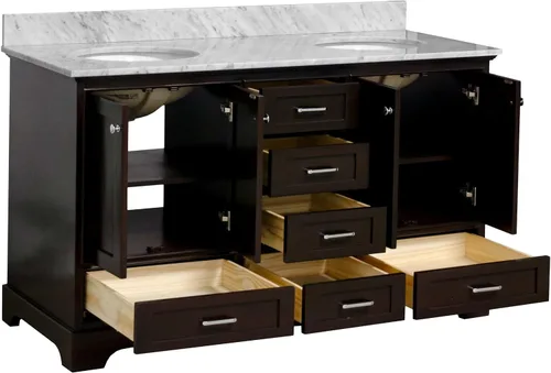 Vista 4 de Kitchen Bath Collection Harper tocador de baño doble de 60 pulgadas (chocolate/carrara): incluye gabinete de chocolate con encimera de mármol