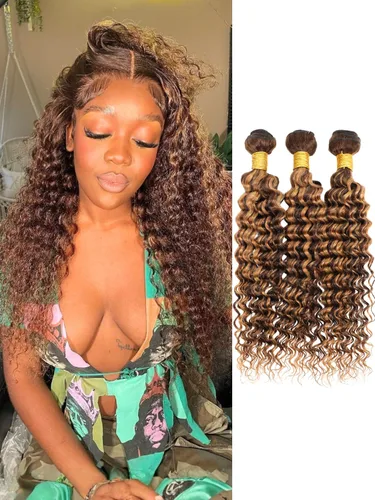 Vista 27 de Cabello Humano Rizado Castaño Rojizo, Trama Gruesa Castaño Cobrizo Rojo Coloreado Ondas Profundas Paquetes Individuales Cabello Humano 12A Tejido