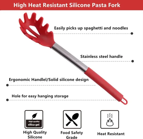 Vista 3 de Tenedor de silicona para pasta, cuchara de espagueti, para cocina, resistente al calor, cuchara de pasta de grado alimenticio con mango de acero