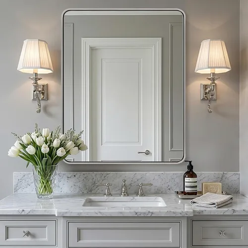 Vista 22 de Espejo de latón para baño, espejo rectangular redondeado de 22x30 pulgadas con marco de metal cepillado dorado, espejo de tocador de baño sin