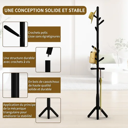 Vista 3 de Perchero de madera maciza, perchero independiente en forma de árbol con 11 ganchos, poste principal de 1.6 pulgadas de diámetro para ropa, soporte