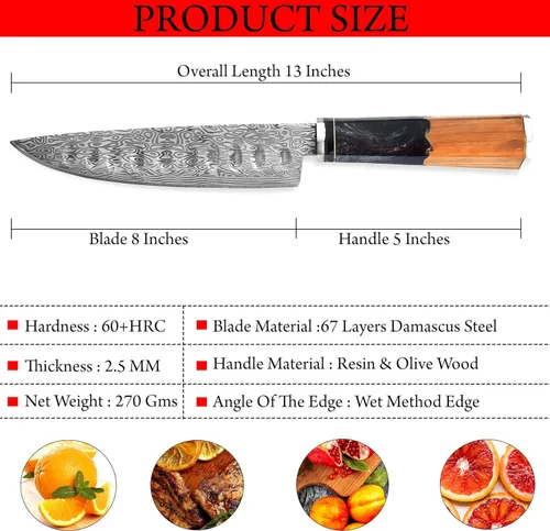 Vista 2 de KIMPE Cuchillo de chef de Damasco de 13 pulgadas, cuchillo de cocina de acero Damasco de 67 capas con mango ergonómico de resina, cuchillo de cocina