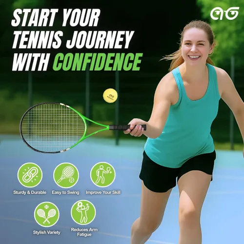 Vista 2 de Paquete de 2 raquetas de tenis para principiantes, paquete variado de dos colores con 2 pelotas de tenis, cinta de agarre, tarjetas de oferta