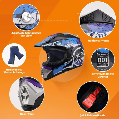 Vista 2 de Casco OUMURS DOT para ATV de todoterreno con gafas, guantes y mascarilla, con visera solar ajustable para motocicleta, para adultos, todoterreno