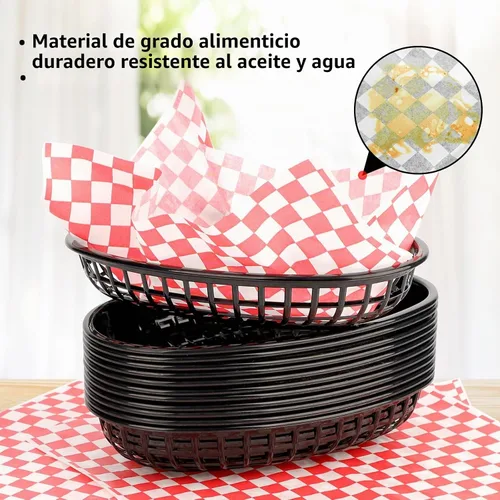 Vista 5 de EUSOAR Cestas de hamburguesa y forros de papel, 12 cestas reutilizables de plástico negro de 9.4 x 5.9 pulgadas para servir alimentos y 10 x 11