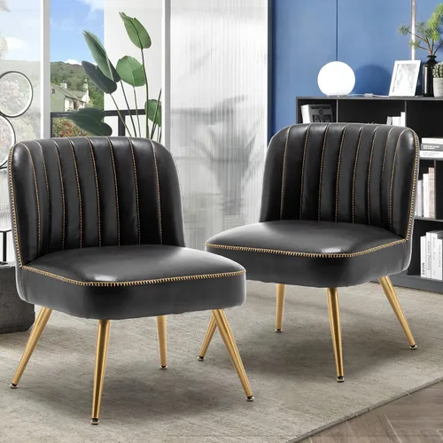 Vista 8 de ALISH Juego de 2 sillas decorativas de piel sintética, tapizadas, modernas sillas laterales sin brazos con patas de metal (color beige, juego de 2)