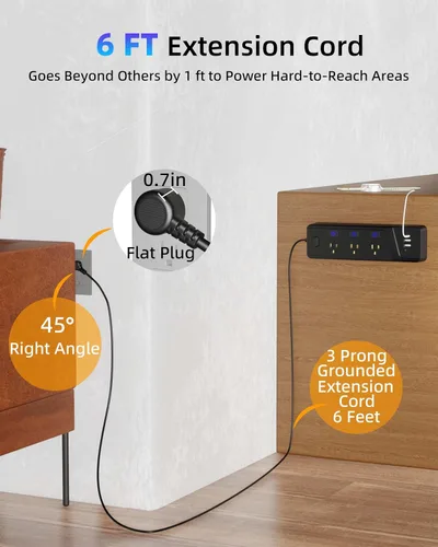 Vista 5 de Regleta protectora contra sobretensiones con interruptores individuales, 6 tomas de corriente ampliamente espaciadas con 2 USB C y 2 USB A, cable
