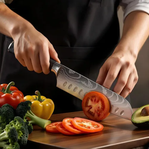 Vista 5 de Cuchillo Santoku de 7 pulgadas, diseño bonito, acero de alto carbono Negro