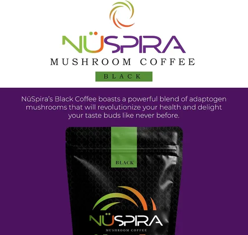 Vista 3 de NüSpira - Café de hongos negros - 6 hongos adaptógenos para claridad cerebral, salud intestinal y apoyo inmunológico - Alternativa baja en cafeína