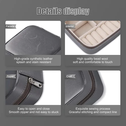 Vista 6 de LUAVFA Caja de joyería de viaje, estuche de almacenamiento con piel sintética, pequeño organizador de joyas para anillos, aretes, collar (negro)