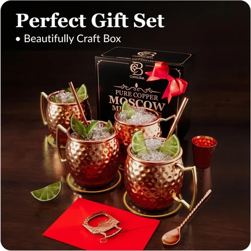 Vista 2 de COPPER-BAR Tazas de cobre Moscow Mule – Juego de 4 tazas de regalo únicas hechas a mano, martilladas por artesanos, tazas de cobre sólido 100% puro