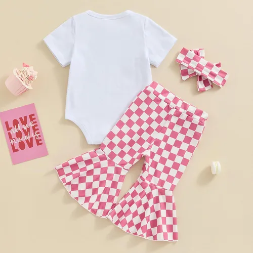 Vista 137 de Sejardin Ropa de verano para bebé y niña, recién nacida, manga corta, con letras, mameluco elástico con diadema