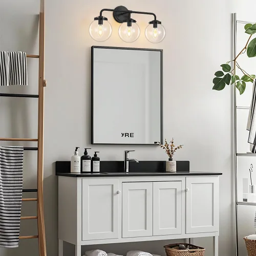 Vista 7 de Lámparas de Tocador de Baño Negras Sobre Espejo, Aplique de Pared Moderno Negro Mate de 3 Luces con Pantalla de Bola de Vidrio Transparente, Luces