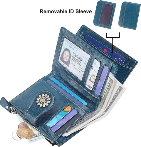 Vista 2 de Lavemi Cartera de cuero para mujer pequeña compacta con bloqueo RFID con bolsillo con cremallera