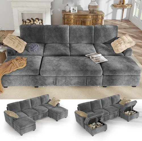 Vista 17 de Hanherry - Sofá seccional con sofá cama extraíble, sofá cama de chenilla con 2 asientos de almacenamiento y carga USB, cómodos sofás modulares