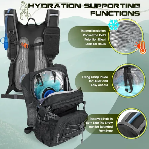 Vista 2 de Mochila de hidratación con bolsa de agua, mochila ligera de senderismo de 18 litros para mujeres y hombres, pequeña bolsa de agua de hidratación
