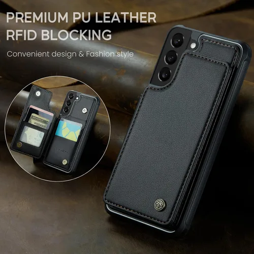Vista 8 de Vinich - Funda tipo cartera para Samsung Galaxy S22 con tarjetero, color negro Ranuras de crédito con bloqueo RFID, soporte para teléfono a prueba
