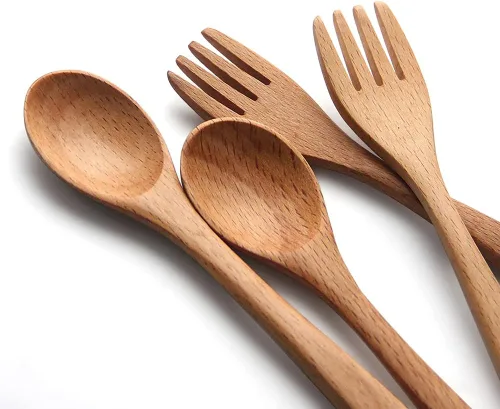 Vista 6 de YFWOOD 4 piezas de cubiertos seguros de madera natural para niños, 2 tenedores para niños, 2 cucharas para niños, juego de utensilios para niños