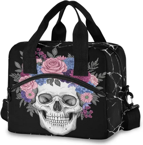 Vista 28 de MNSRUU Bolsa de almuerzo aislada murciélagos y flores vintage mujeres hombres tela tote enfriadora para cena bolsa reutilizable a prueba de fugas