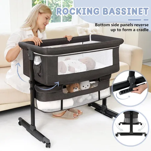Vista 4 de Moisés para bebé, 3 en 1, para poner al lado de la cama, con ruedas, altura ajustable con modo de balanceo, malla transpirable, cesta