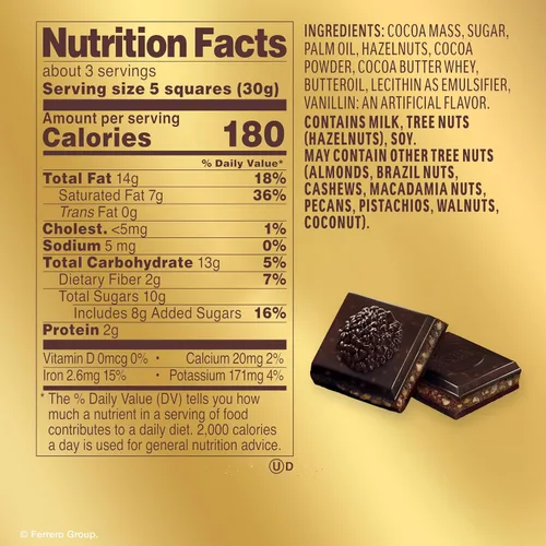 Vista 2 de Ferrero Rocher Barra de chocolate premium, 70% de chocolate amargo, avellana y relleno de cacao, 8 unidades, 3.1 onzas cada una