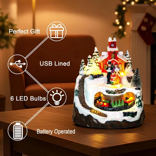 Vista 4 de MXwcy Decoración animada de pueblo navideño – Coro de iglesia iluminado y tren en movimiento en montaña nevada – Centro de mesa de estatua