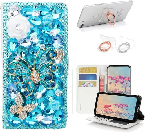 Vista 9 de Bling - Funda tipo cartera compatible con iPod Touch 5 y iPod Touch 6, elegante funda de piel con diseño de mariposas y flores 3D hechas a mano