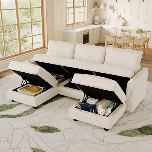 Vista 4 de LLappuil Sofá Seccional Modular con Asientos de Almacenamiento, Sofá Modular Convertible de Pana Chaise para Sala de Estar, Sofás de 5 Plazas con 3