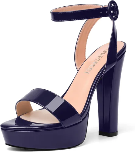 Vista 20 de SHOWFOREST Sandalias de tacón alto para mujer, con hebilla de plataforma y hebilla de charol y correa de tobillo de bloque sólido, 5 pulgadas Beige