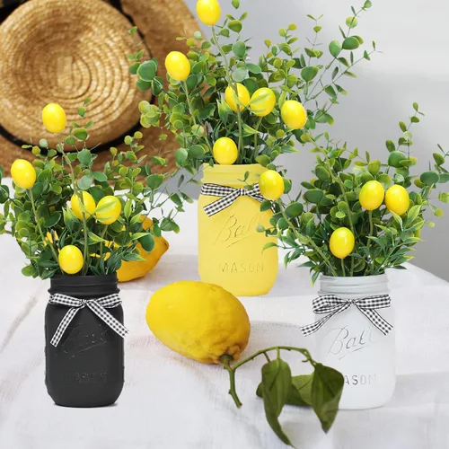Vista 6 de Tarros de limón de verano para mesa, bandeja de madera con 3 tarros pintados, centro de mesa de café de comedor para cocina, sala de estar