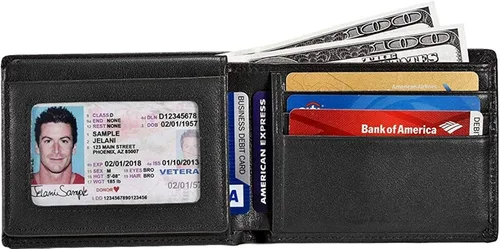 Vista 2 de MUITON Cartera de cuero plegable con protección RFID para hombre con ventana de identificación en caja de regalo