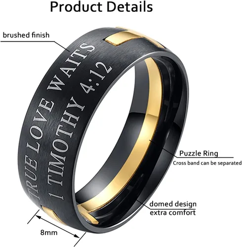 Vista 6 de Anillo de rompecabezas de pureza cristiana de acero inoxidable con versículo bíblico de 0.315 in para hombre, 1 Timoteo 4:12 Tono-dorado
