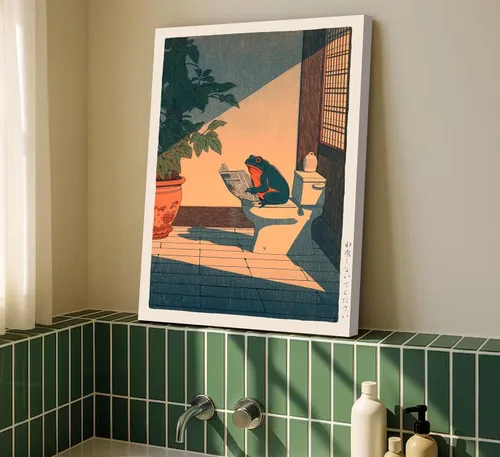 Vista 6 de Divertido lienzo de rana para pared, póster japonés para baño, impresión de animales vintage en el inodoro, lectura de periódicos, pintura japonesa