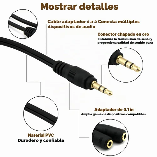 Vista 5 de Paquete de 2 conectores de adaptador de cable divisor estéreo de 0.138 in, macho de 0.138 in a 2 hembras, para conectar altavoces externos o usar