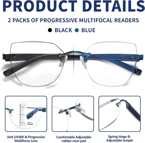 Vista 3 de Gafas de lectura multifocales progresivas para mujer, ojo de gato, sin línea, multifoco, transición, luz azul, marco de metal