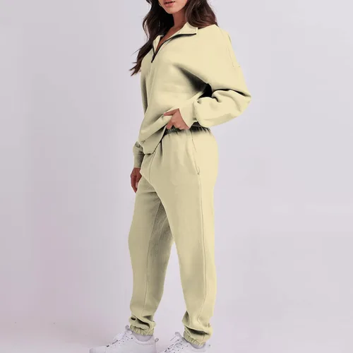 Vista 5 de Stutye Conjuntos de descanso para mujer, otoño e invierno, con cremallera, sin botones, manga larga, color sólido, sudadera de dos piezas, traje